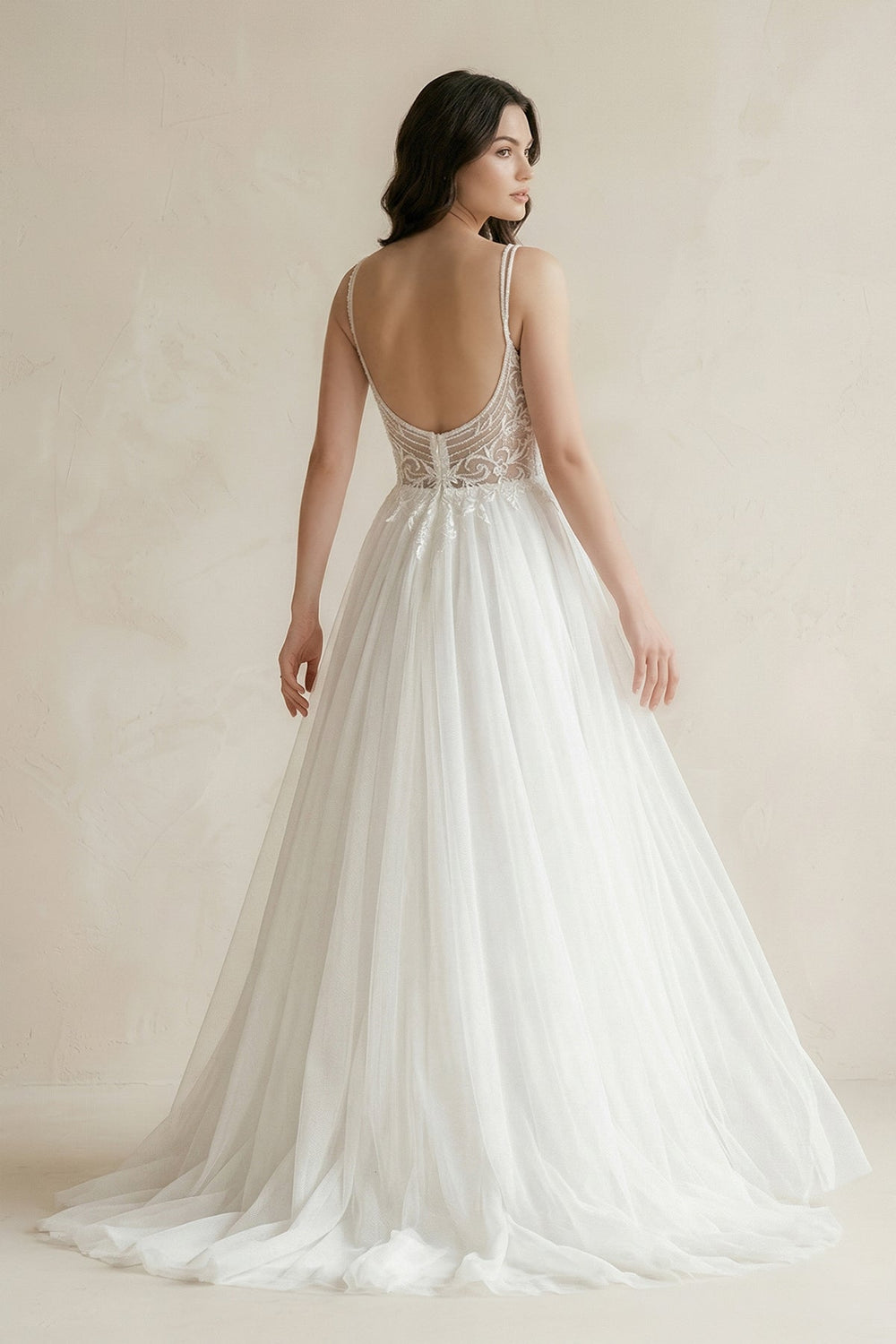 Plunge Tulle A - Line Appliqued Maxi Wedding Dress in White - SHE IS ME Wedding Dresses