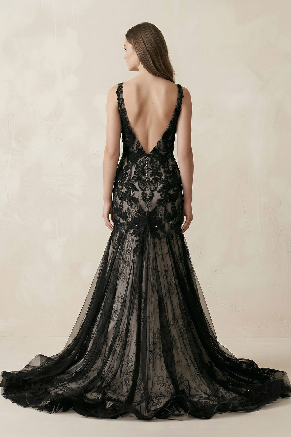 Plunge Tulle Appliqued Mermaid Wedding Dress With Open Back in Black - SHE IS ME Wedding Dresses