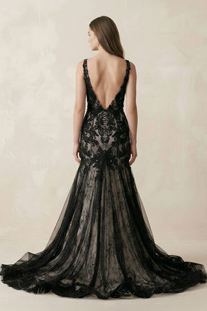Plunge Tulle Appliqued Mermaid Wedding Dress With Open Back in Black - SHE IS ME Wedding Dresses