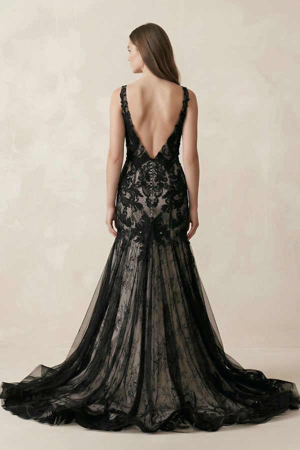 Plunge Tulle Appliqued Mermaid Wedding Dress With Open Back in Black - SHE IS ME Wedding Dresses