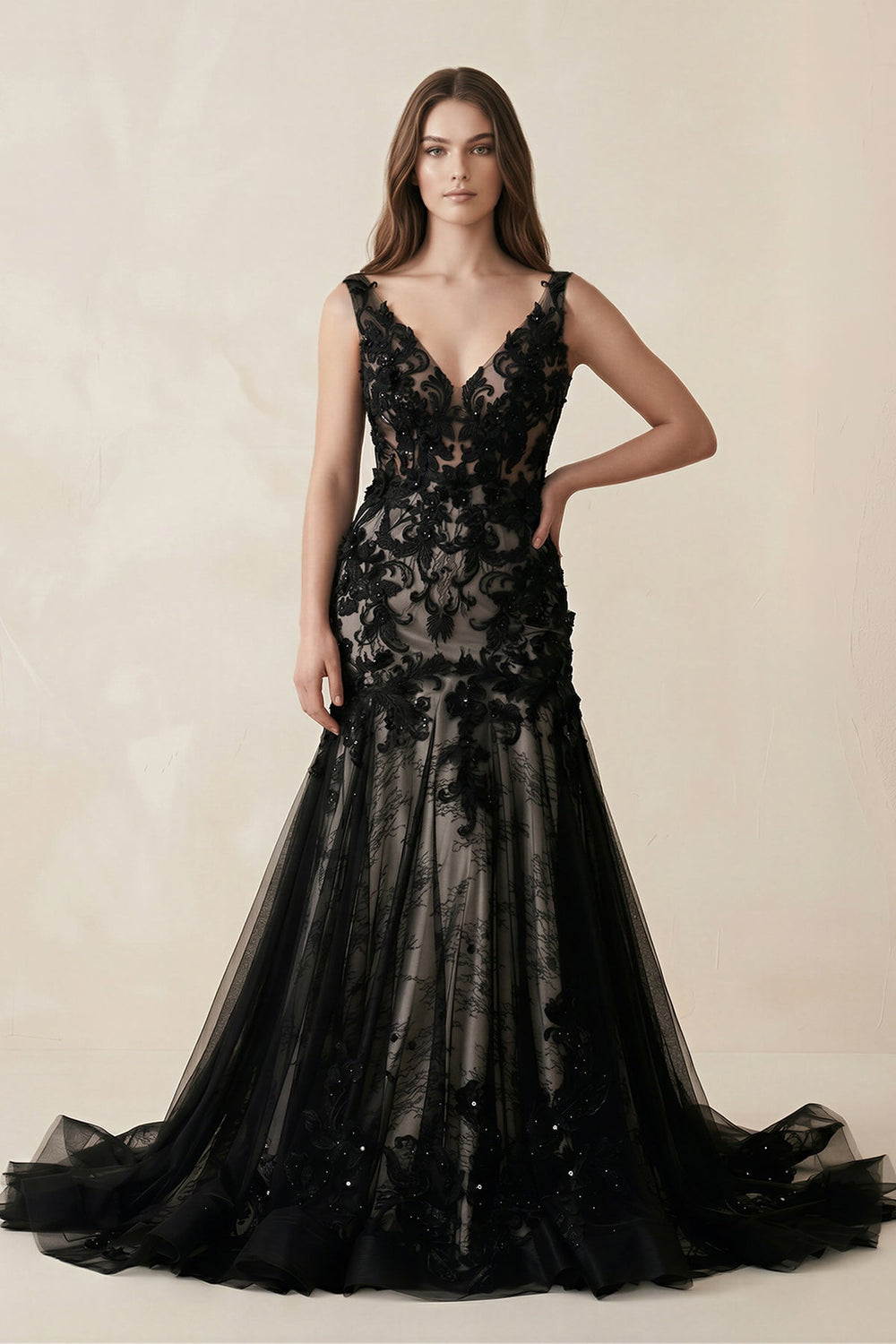 Plunge Tulle Appliqued Mermaid Wedding Dress With Open Back in Black - SHE IS ME Wedding Dresses