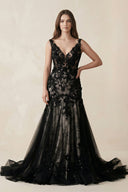 Plunge Tulle Appliqued Mermaid Wedding Dress With Open Back in Black - SHE IS ME Wedding Dresses
