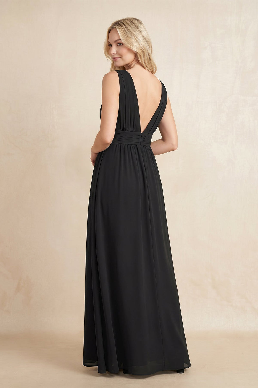 Plunging A - Line Chiffon Maxi Dress in Black - SHE IS ME Dresses