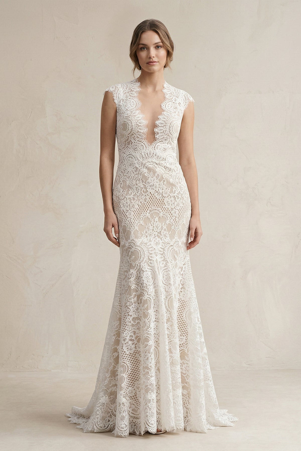 Plunging Lace Mermaid Wedding Dress in White - SHE IS ME Wedding Dresses