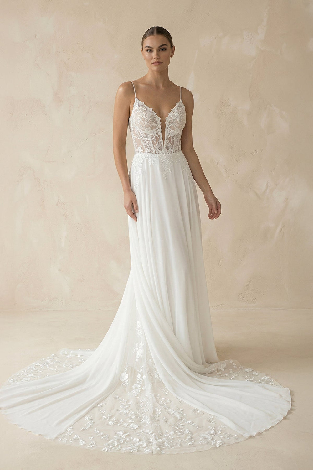 Plunging Sheath Satin Appliqued Wedding Dress in White - SHE IS ME Wedding Dresses