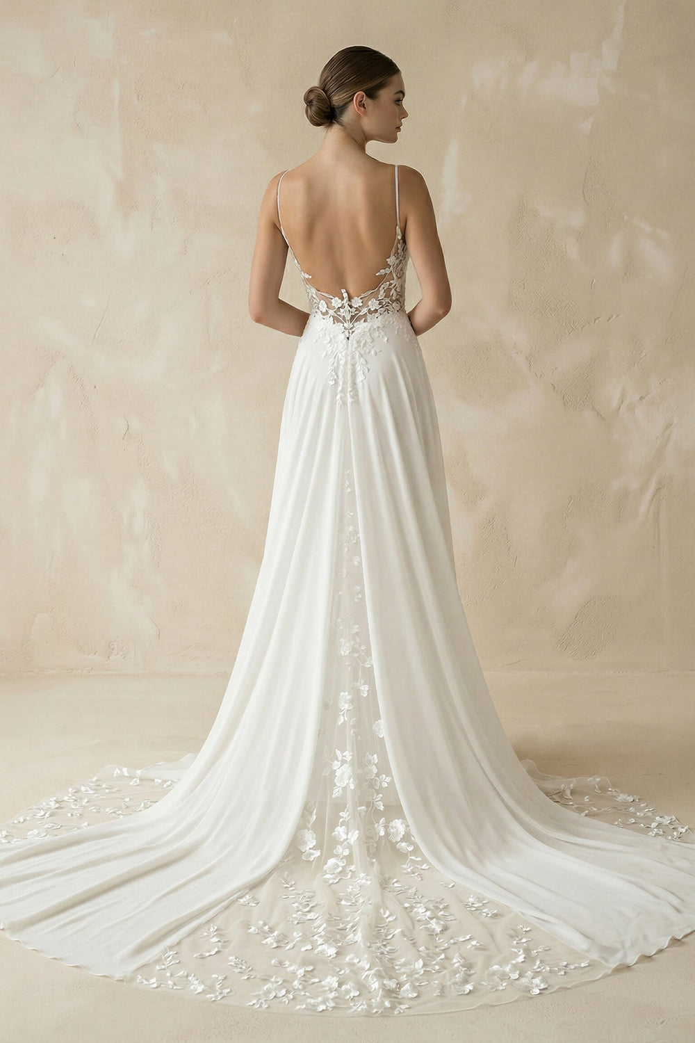 Plunging Sheath Satin Appliqued Wedding Dress in White - SHE IS ME Wedding Dresses