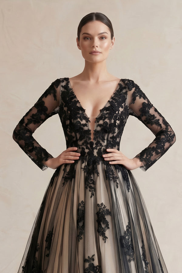 Plunging Tulle Appliqued Ball - Gown Wedding Dress in Black and Nude - SHE IS ME Wedding Dresses
