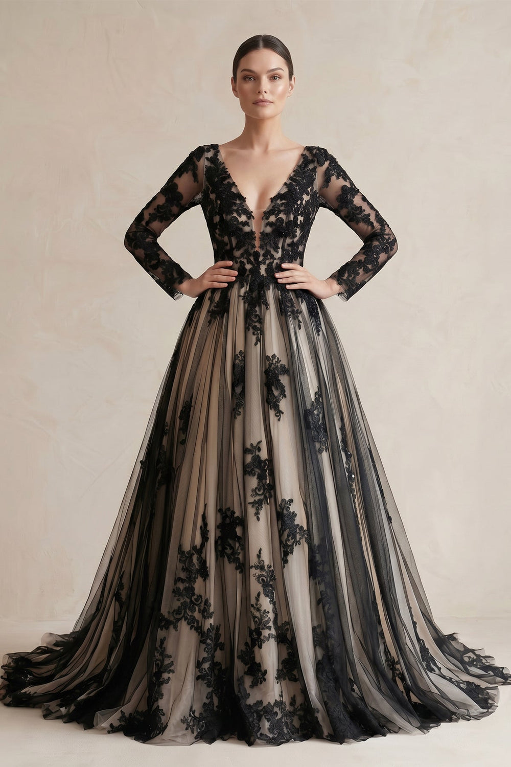 Plunging Tulle Appliqued Ball - Gown Wedding Dress in Black and Nude - SHE IS ME Wedding Dresses