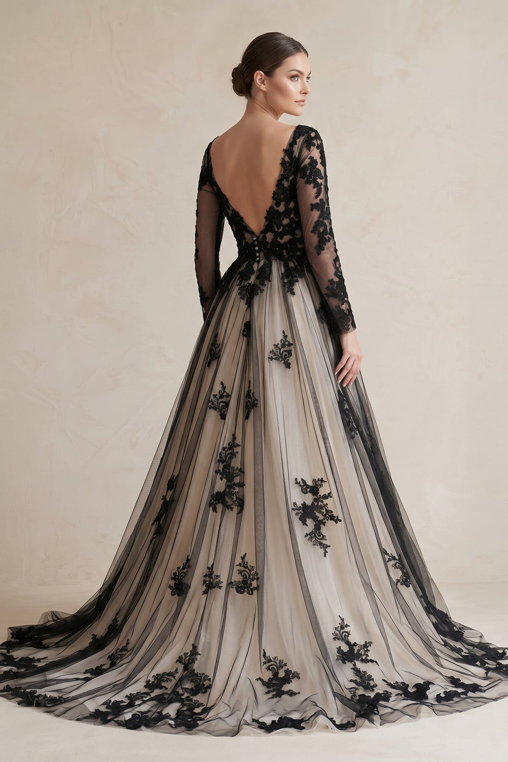 Plunging Tulle Appliqued Ball - Gown Wedding Dress in Black and Nude - SHE IS ME Wedding Dresses
