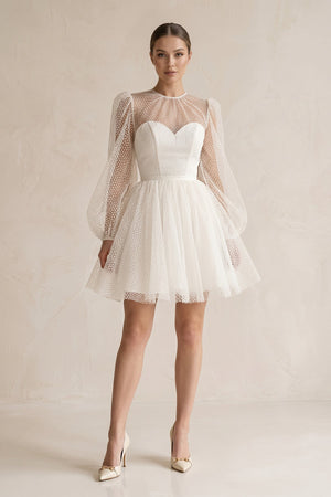 Polk Dots Tulle A - Line Mini Wedding Dress With Sleeves in White - SHE IS ME Wedding Dresses
