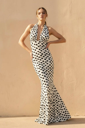 Polka Dot Backless Maxi Dress in White - SHE IS ME PROM DRESSES
