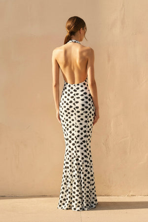 Sheisme-White Halter Mermaid Maxi Polka Dot Evening Formal Dress