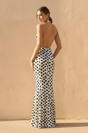 Sheisme-White Halter Mermaid Maxi Polka Dot Evening Formal Dress