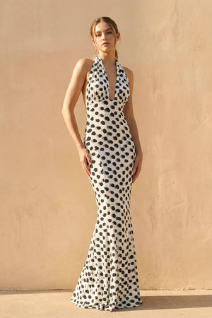 Sheisme-White Halter Mermaid Maxi Polka Dot Evening Formal Dress
