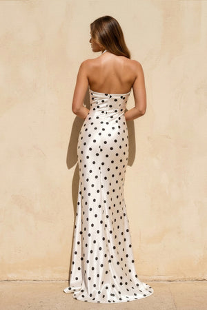 Sheisme-White Halter Satin Polka Dot Mermaid Maxi Evening Formal Dress