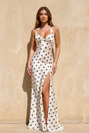 Polka Dot High Slit Prom Dress in White - SHE IS ME PROM DRESSES