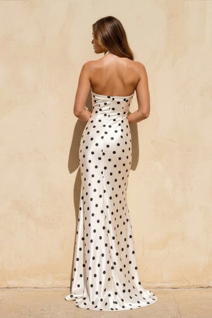 Polka Dot High Slit Prom Dress in White - SHE IS ME PROM DRESSES