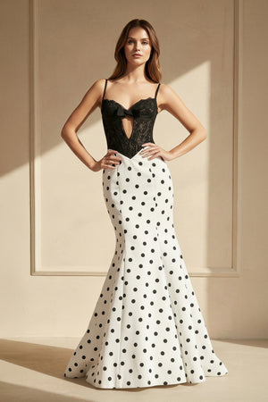 Polka Dot Mermaid Gown With Lace in Black and White - SHE IS ME