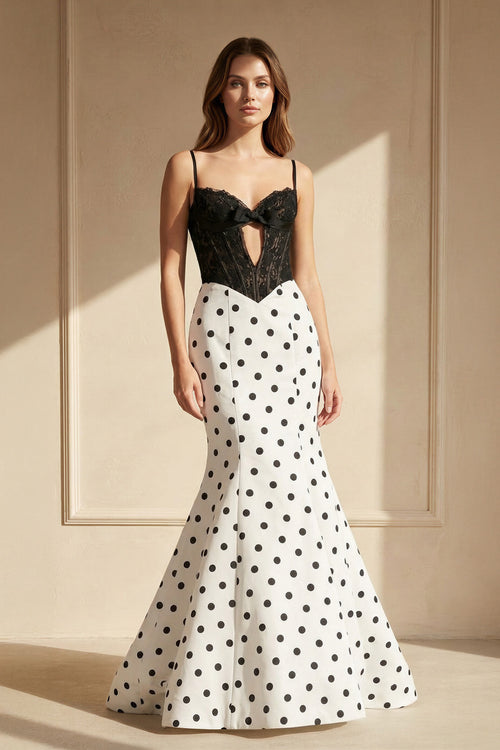 Polka Dot Mermaid Gown With Lace in Black and White - SHE IS ME