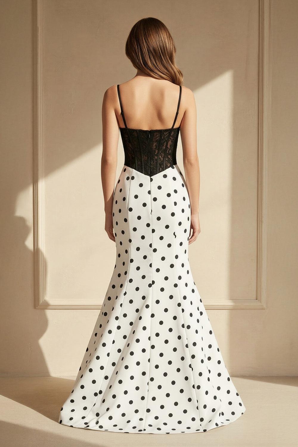 Polka Dot Mermaid Gown With Lace in Black and White - SHE IS ME