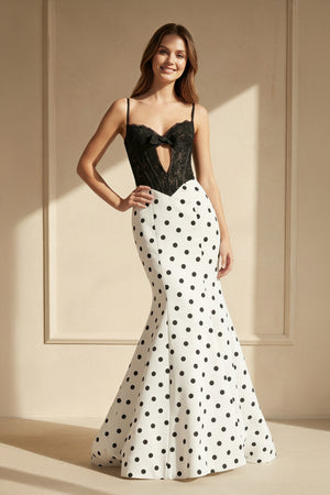 Polka Dot Mermaid Gown With Lace in Black and White - SHE IS ME