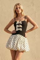 Polka Dot Mini Dress With Bow in Black and Ivory - SHE IS ME