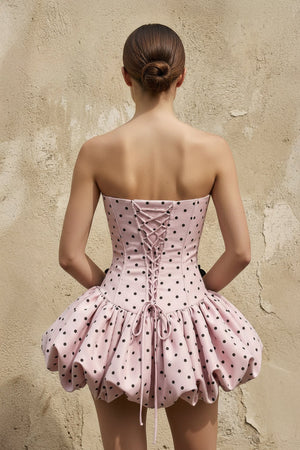 Polka Dot Mini Dress With Floral in Pink - SHE IS ME