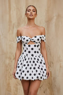 Polka Dot Off The Shoulder Bubble Mini Dress in White - SHE IS ME