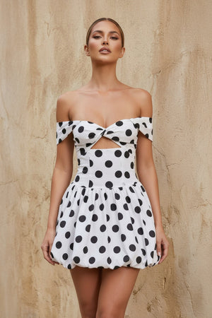 Polka Dot Off The Shoulder Bubble Mini Dress in White - SHE IS ME