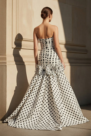 Polka Dot Ruched Mermaid Gown in White - SHE IS ME