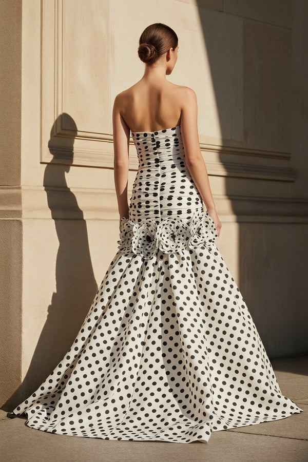 Polka Dot Ruched Mermaid Gown in White - SHE IS ME