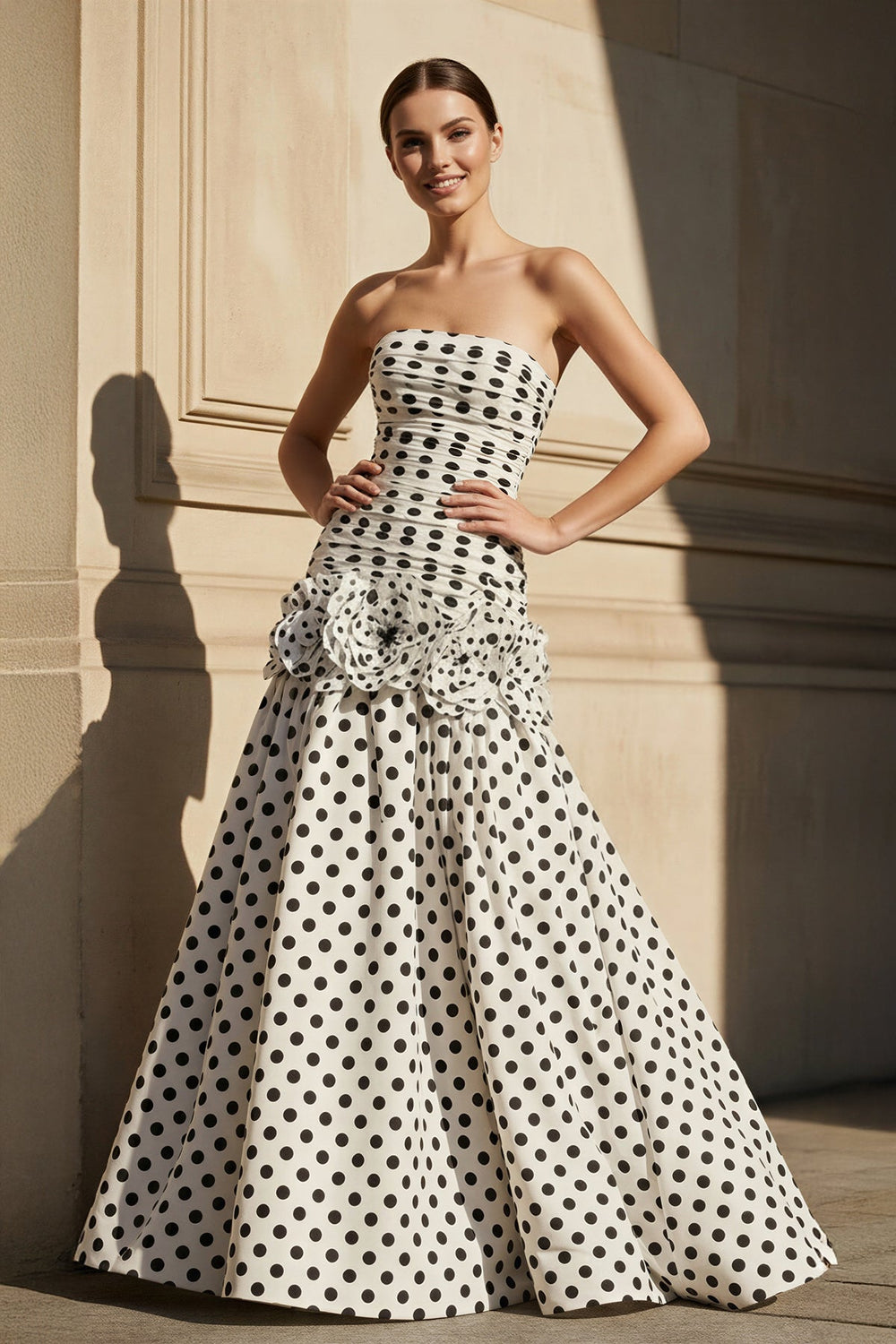 Polka Dot Ruched Mermaid Gown in White - SHE IS ME