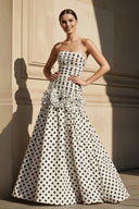 Polka Dot Ruched Mermaid Gown in White - SHE IS ME