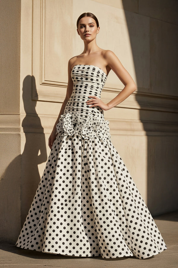 Polka Dot Ruched Mermaid Gown in White - SHE IS ME