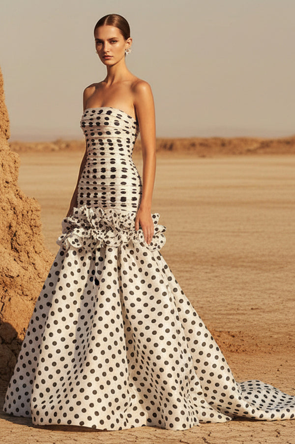 Sheisme-White Taffeta Strapless Ruffled Mermaid Maxi Evening Formal Dress