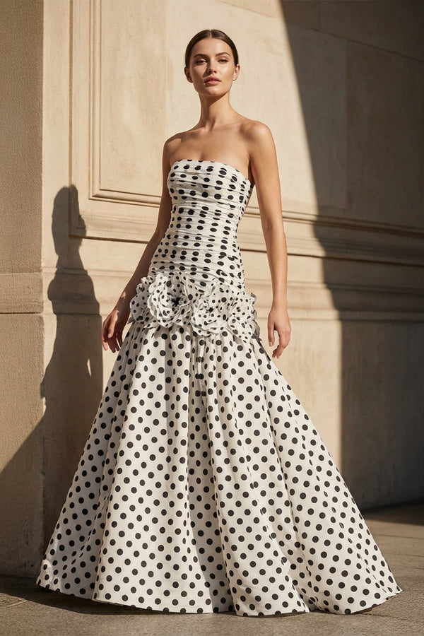 Polka Dot Ruched Mermaid Prom Gown in White - SHE IS ME PROM DRESSES
