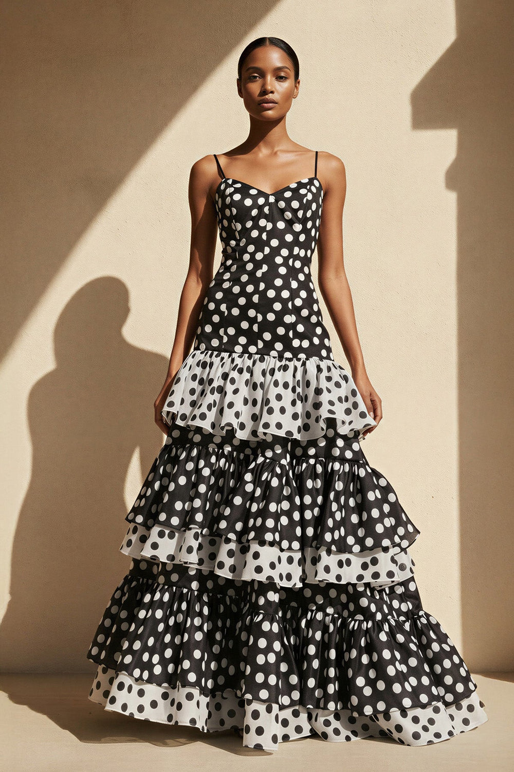 Polka Dot Ruffled Mermaid Gown in Black and White - SHE IS ME PROM DRESSES