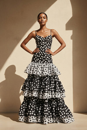 Polka Dot Ruffled Mermaid Gown in Black and White - SHE IS ME