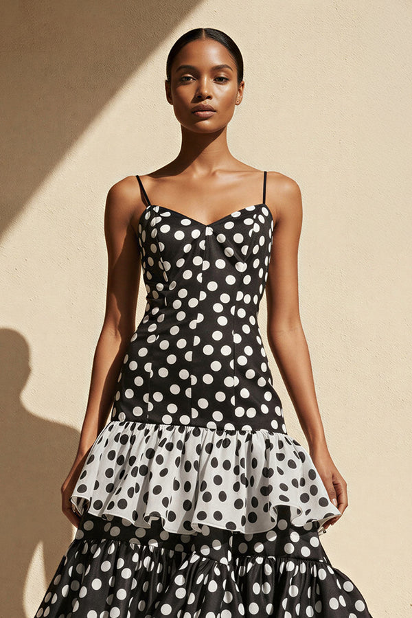 Polka Dot Ruffled Mermaid Gown in Black and White - SHE IS ME