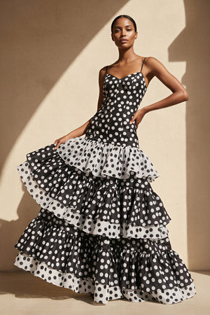 Polka Dot Ruffled Mermaid Gown in Black and White - SHE IS ME