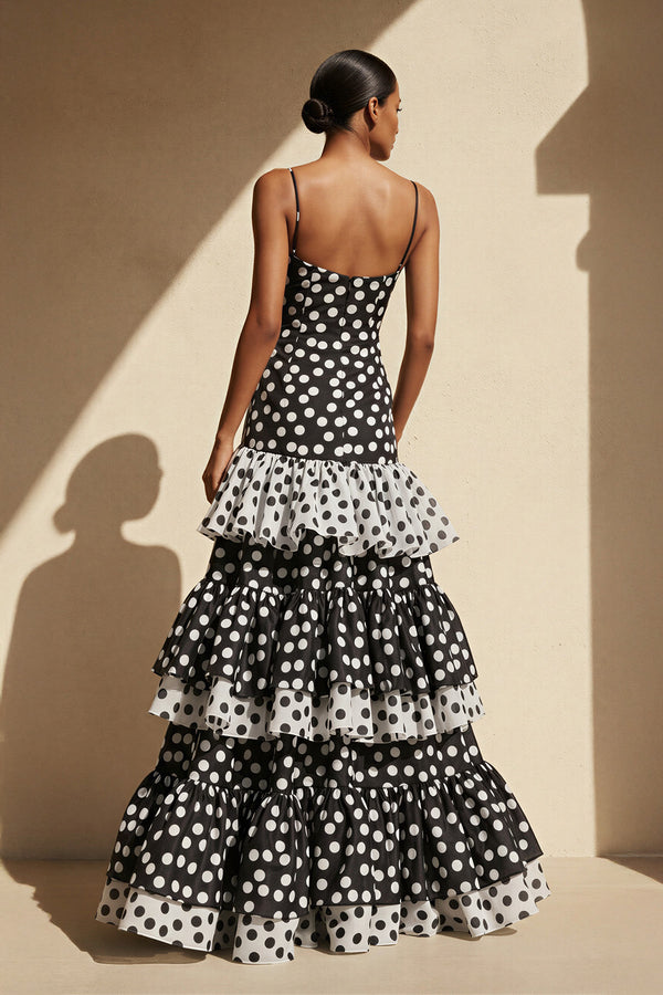 Polka Dot Ruffled Mermaid Gown in Black and White - SHE IS ME