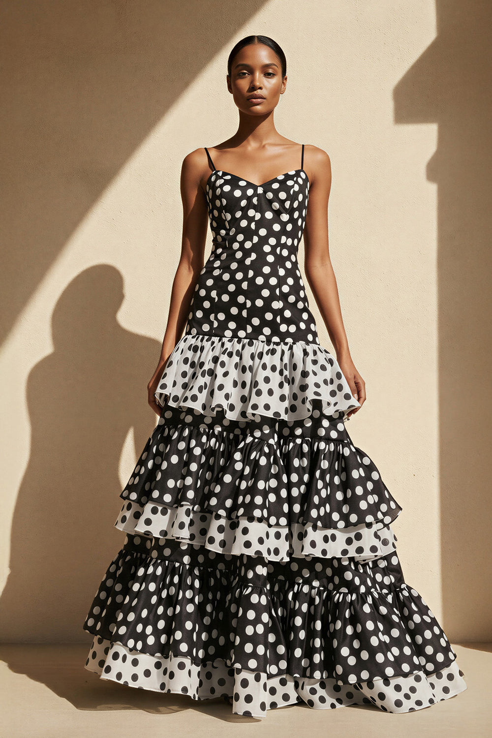 Polka Dot Ruffled Mermaid Gown in Black and White - SHE IS ME