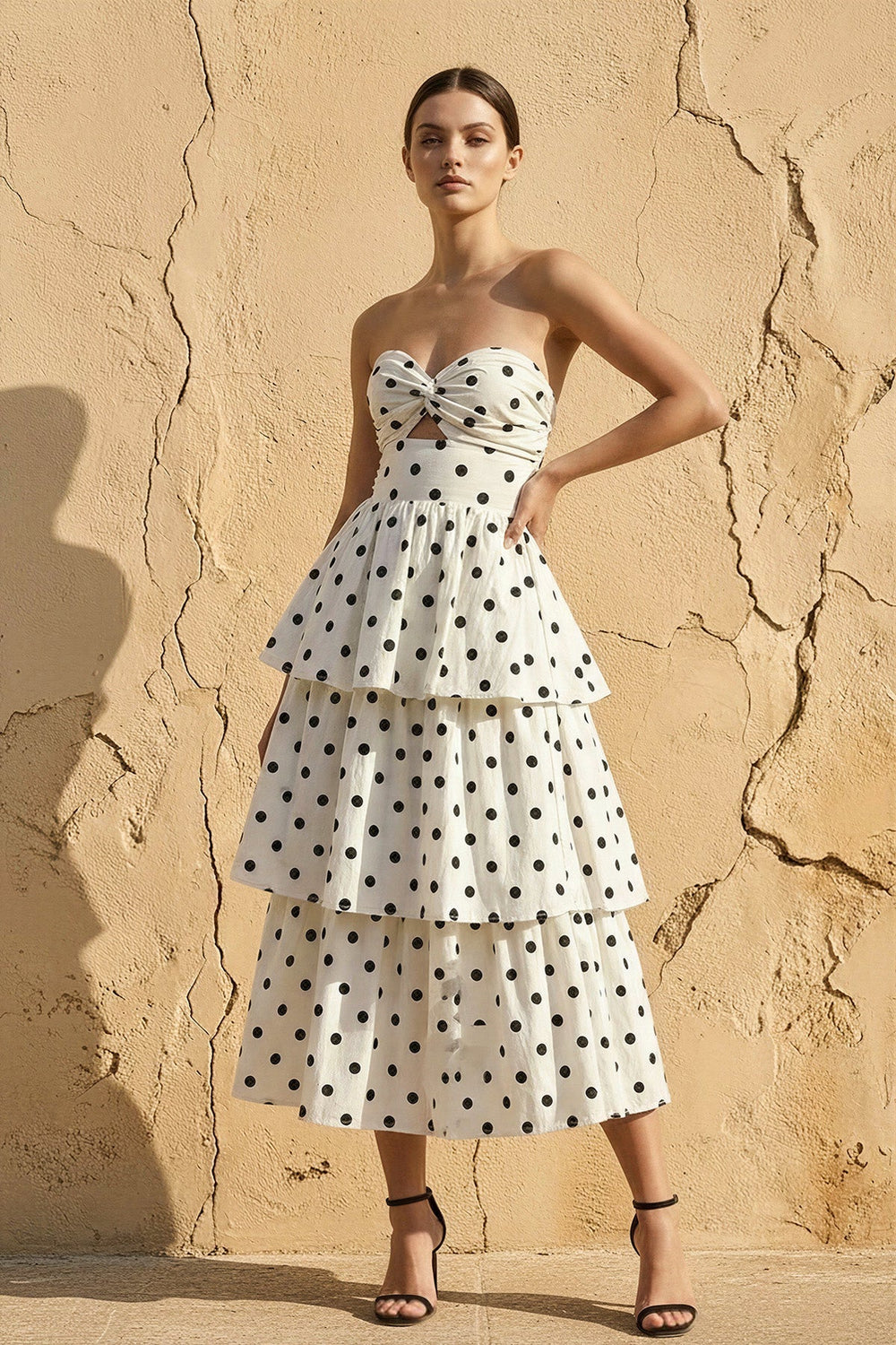 Polka Dot Ruffled Midi Dress in Ivory - SHE IS ME