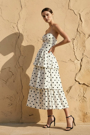 Polka Dot Ruffled Midi Dress in Ivory - SHE IS ME