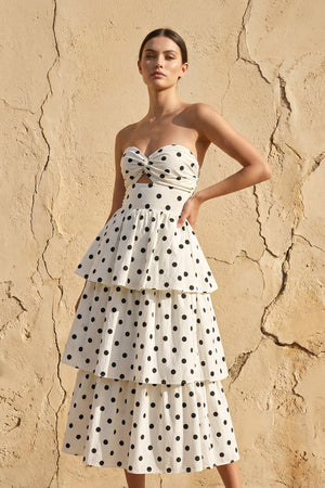 Polka Dot Ruffled Midi Dress in Ivory - SHE IS ME