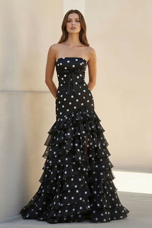 Polka Dot Ruffled Prom Dress With Bow in Black - SHE IS ME PROM DRESSES