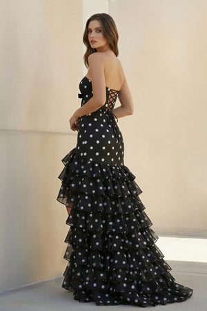 Polka Dot Ruffled Prom Dress With Bow in Black - SHE IS ME PROM DRESSES