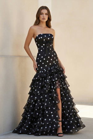 Polka Dot Ruffled Prom Dress With Bow in Black - SHE IS ME PROM DRESSES