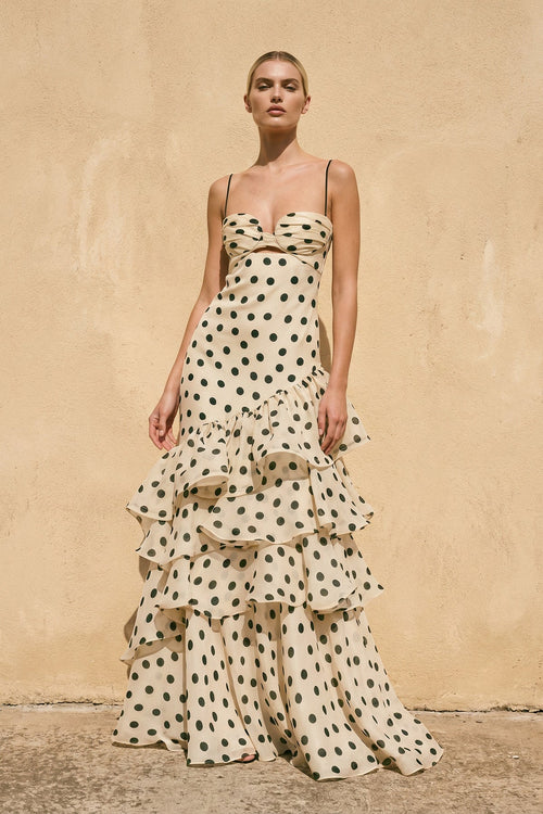 Polka Dot Ruffled Spaghetti Straps Gown in Champagne - SHE IS ME