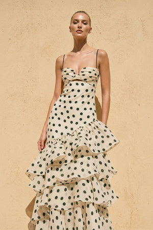 Polka Dot Ruffled Spaghetti Straps Gown in Champagne - SHE IS ME